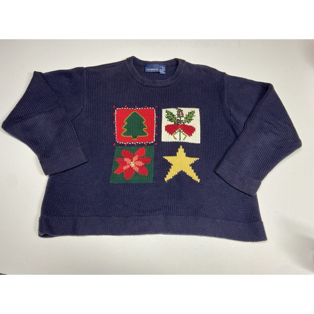 Vtg LIZ CLAIBORNE Navy Christmas‎ Pullover Sz XL Cotton Star Holly Tree Sweater